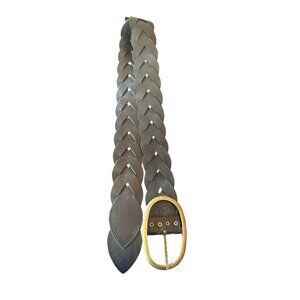 Vintage Braided Black Leather Belt With Brass Oval Buckle